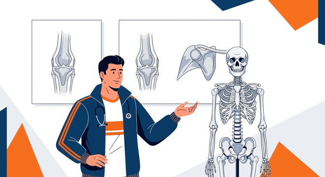 Doctor Explains Human Skeleton and Knee Anatomy with Medical Charts