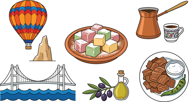 Turkey Travel and Culture Vector Set Featuring Turkish Delight Cappadocian Hot Air Balloon Traditional Coffee Kebab Istanbul Bridge and Olive Oil