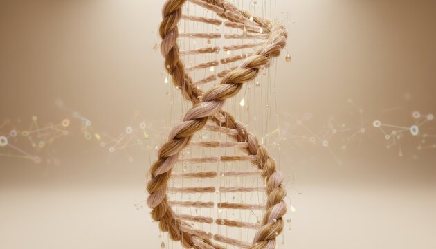 DNA double helix structure conceptualized as braided strands of blonde and brown hair against a warm neutral backdrop