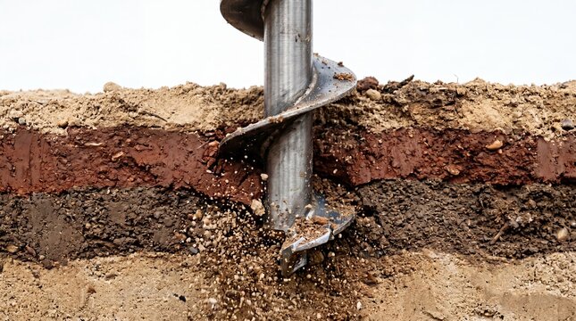 Metal auger drill bit digging into soil layers