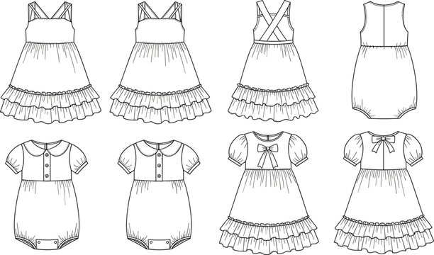 Technical fashion flat sketch collection of childrenswear featuring tiered ruffle sundresses and Peter Pan collar bubble rompers