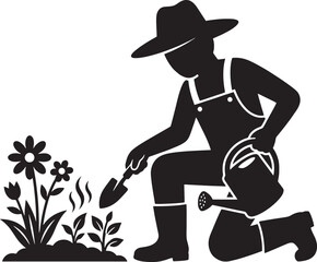 Silhouette of a gardener wearing overalls and hat kneeling to water plants with a watering can