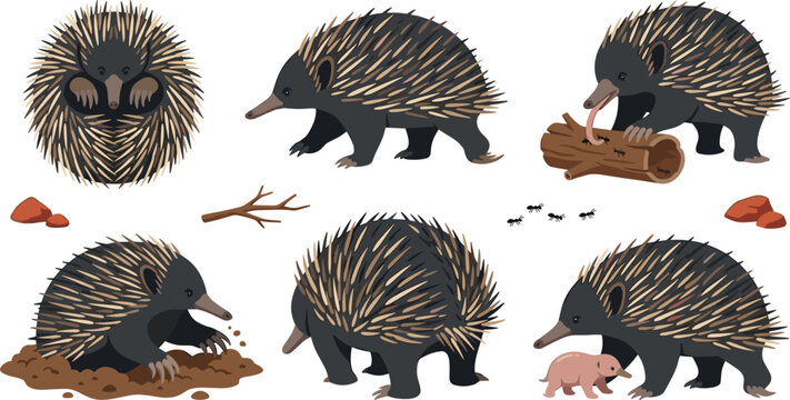 Cute Echidna and Puggle Vector Set Featuring Australian Spiny Anteater Wildlife in Various Poses for Nature Graphic Designs and Educational Media