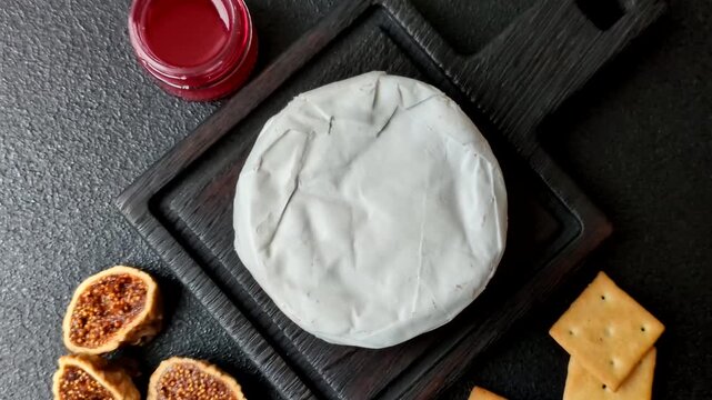 Pink Brie or Camembert cheese with honey, jam, figs, and crackers for a hearty breakfast. Brie cheese as a food background for your design