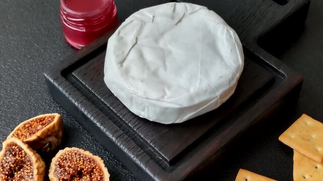 Pink Brie or Camembert cheese with honey, jam, figs, and crackers for a hearty breakfast. Brie cheese as a food background for your design