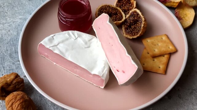 Pink Brie or Camembert cheese with honey, jam, figs, and crackers for a hearty breakfast. Brie cheese as a food background for your design
