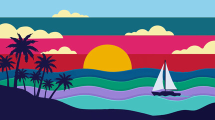 Obraz premium Vibrant tropical sunset with palm trees and sailboat, flat design illustration