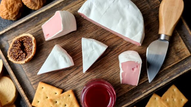 Pink Brie or Camembert cheese with honey, jam, figs, and crackers for a hearty breakfast. Brie cheese as a food background for your design