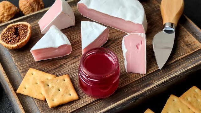 Pink Brie or Camembert cheese with honey, jam, figs, and crackers for a hearty breakfast. Brie cheese as a food background for your design