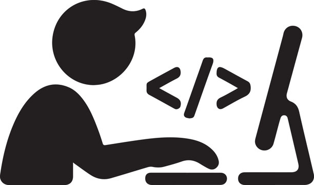 A black silhouette of a person coding on a computer isolated on white background with html code