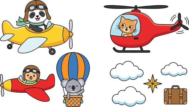 Cute Animal Pilots Flying Yellow Airplane Red Helicopter and Hot Air Balloon with Clouds and Suitcase Vector Cartoon Character Illustration Set