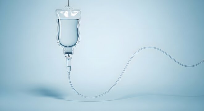 Medical IV drip bag, saline solution infusion, hospital therapy equipment