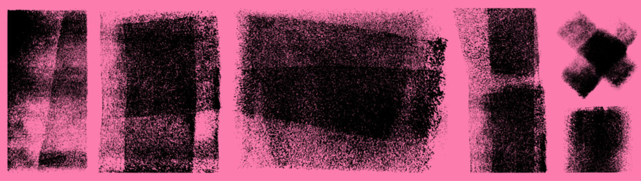 Rolled ink stamp textures set. Distressed grunge messy paint roller strokes, gritty black letterpress overlays with streaks. Rectangle, cross, square shapes. Vector illustration on pink background