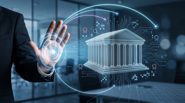 Businessman touching holographic smart city building model with circuit network and AI icons