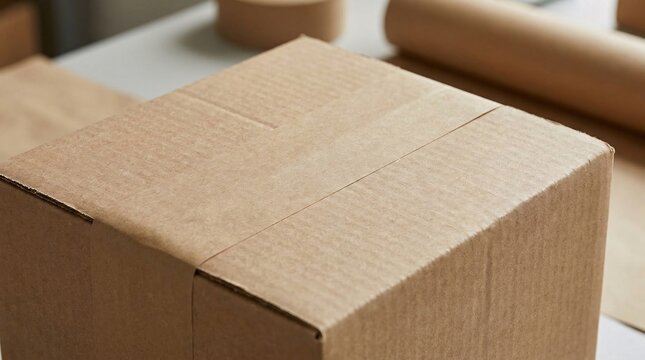 A blank brown kraft paper packaging tape mockup sealing a corrugated cardboard shipping box, close up macro view on a desk, perfect for e-commerce delivery branding