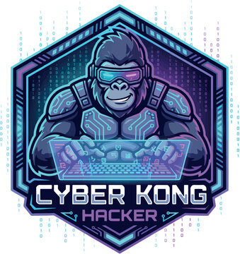 Cyber Kong Hacker: Futuristic blue mecha gorilla typing on a cyberpunk computer matrix
