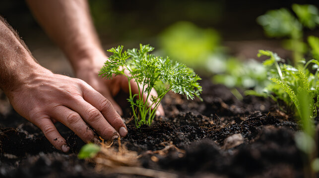 Close-up of hands planting a young parsley plant in fertile soil, symbolizing growth, gardening, and sustainable living in an organic garden.