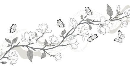 Fototapeta premium Graceful hand drawn sketch of a blooming magnolia branch with delicate flowers and several butterflies in flight.