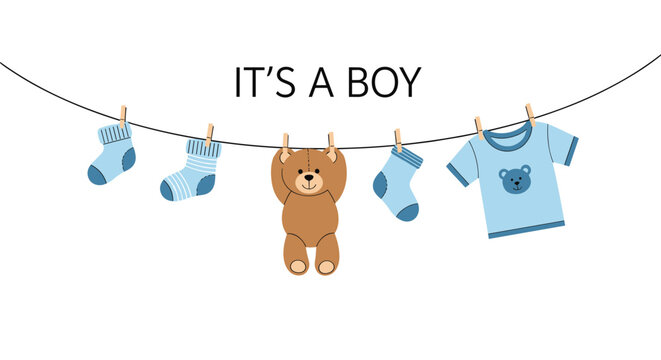 Sweet baby boy announcement illustration with a cute teddy bear and infant clothing hanging from a laundry line.