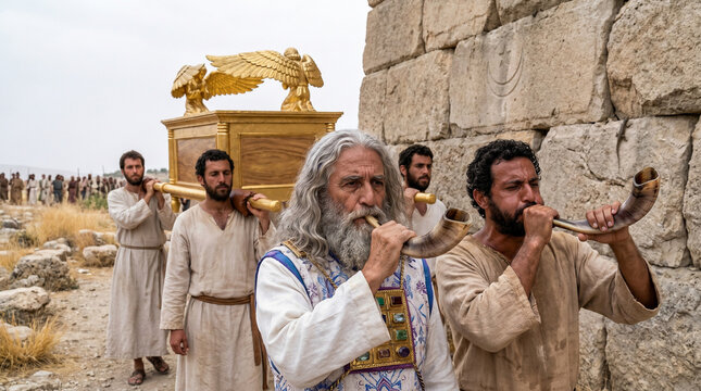 Israelites marching around Jericho, medium shot of Levite priests carrying the Ark of the Covenant and blowing shofars, biblical battle scene, faith and miracle concept.