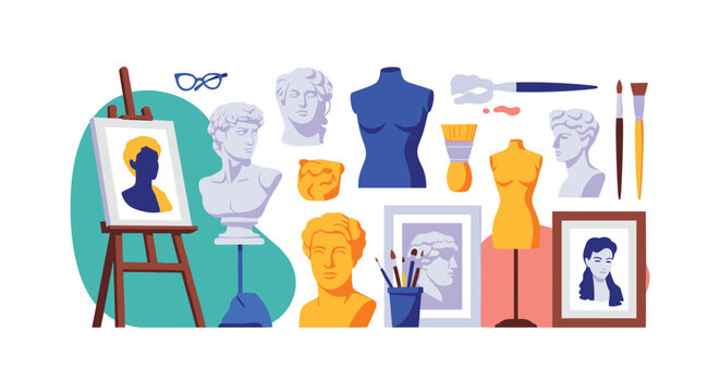 Diverse collection of art studio objects including marble sculptures, canvases, paint brushes, busts, and artist supplies.