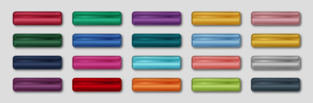 Glossy Metallic UI Buttons Set with Fabric Texture Stitched Borders in Multiple Colors, Editable AI file