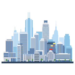 Obraz premium Modern Cityscape Silhouette with Tall Blue Glass Skyscrapers - Vector Illustration