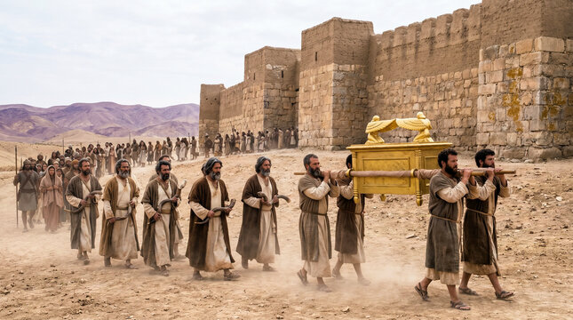 Biblical priests marching with the Ark of the Covenant around Jericho's walls in a desert setting