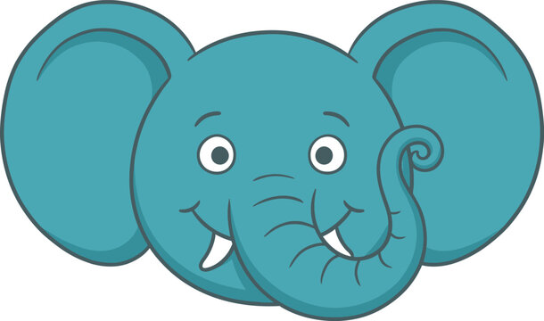 Close up cartoon elephant face illustration, cute blue elephant head vector icon