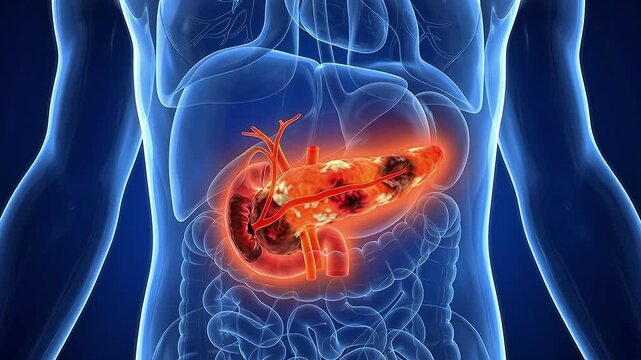 3D Medical Animation of Diseased Pancreas in Transparent Human Body with Glowing Inflammation Highlighting Organ Anatomy and Abdominal Cavity