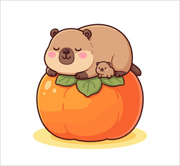 Cute Sleeping Bear and Baby Bear on Persimmon Fruit Cartoon Vector Illustration © Ricky