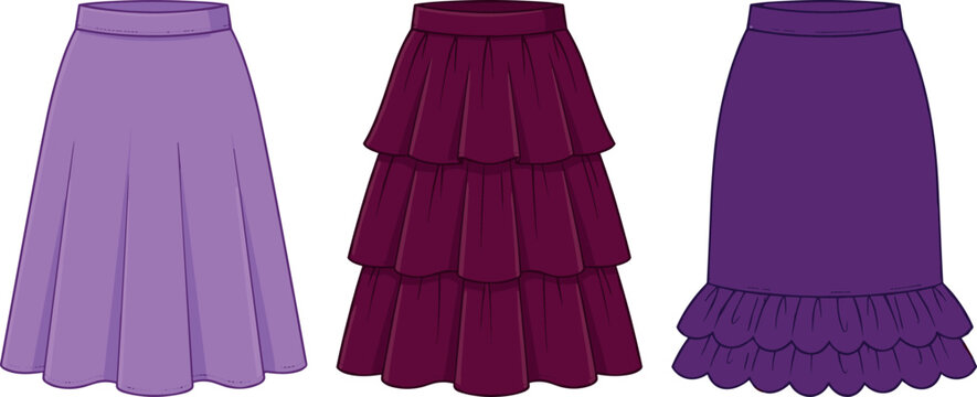 Elegant Women Purple Skirt Vector Set with Ruffle Tiered and A Line Pleated Casual Designs for Fashion Boutique and Apparel Store Templates
