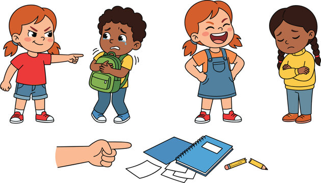 School Bullying and Verbal Harassment Vector Concept Set with Angry Girl Pointing Finger, Laughing at Crying Boy, Sad Victim, and Broken Pencil School Supplies