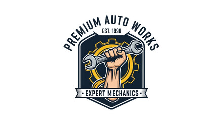 Naklejka premium Dynamic logo illustration representing expert automotive repair services, featuring a strong mechanic's hand gripping a wrench, symbolizing precision and trusted vehicle maintenance