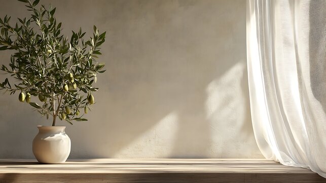 Small olive tree in white pot on wooden shelf