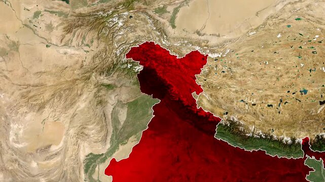 Jammu and Kashmir India Map Animation Highlighted Region on Satellite Terrain Background Geographic Location Border Visualization Cartography Travel News Presentation Motion Graphic