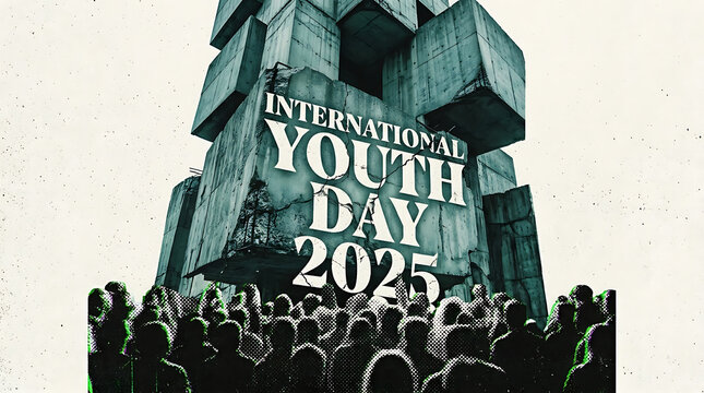 International youth day 2025 event poster featuring geometric brutalist