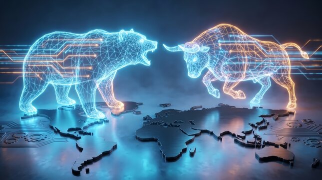 Glowing digital bull and bear fighting on a world map representing global stock market rivalry.