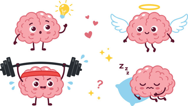 Cute Cartoon Brain Character Vector Mascot Set with Brain having an Idea, Flying Angel, Lifting Weight Barbell, and Sleeping on Pillow