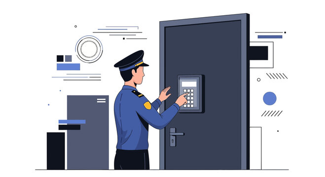 Security Guard Accessing Building Entrance with Keypad