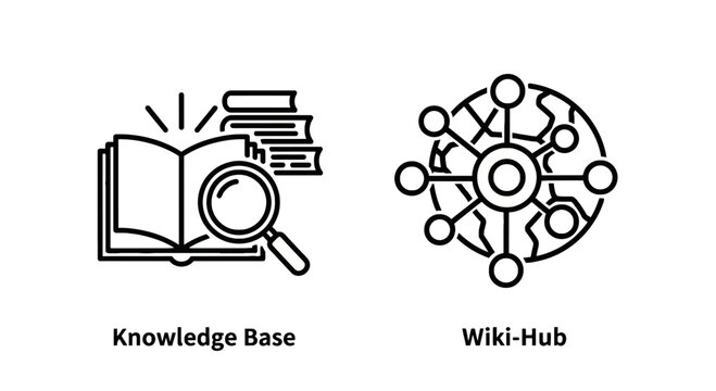 Knowledge base and wiki hub with books and a magnifying glass icon knowledge management wiki page wiki site wiki software wiki system wiki tool