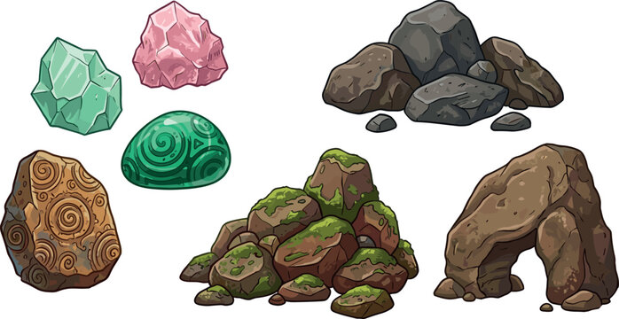 Fantasy Video Game Rock and Gemstone Vector Set with Mossy Boulders Runestone Carvings and Crystal Minerals for Graphic Asset Designs