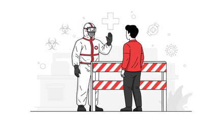 Fototapeta premium Safety Barrier, Hazmat Suit, Medical Stop, Coronavirus Prevention, Healthcare