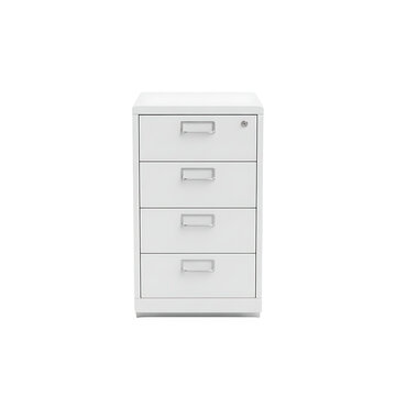 White four-drawer office filing cabinet with chrome handles, presented as a clean 3D render isolated on transparent background, essential for document storage and workplace organization.