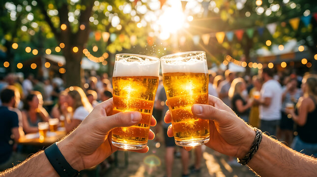friends clinking beer glasses in outdoor festival at sunset