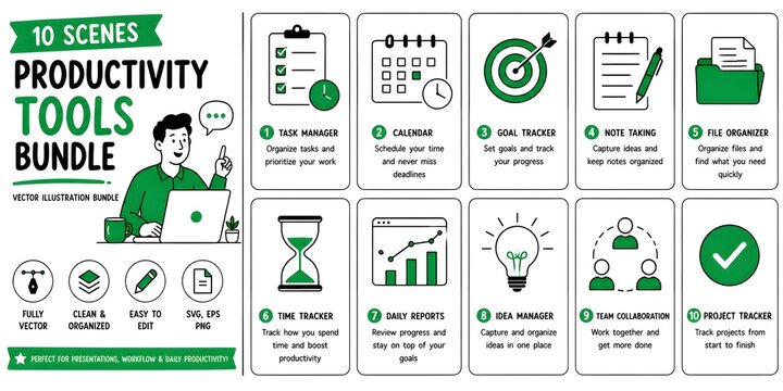 Digital creator tools bundle with 10 scenes, flat vector illustration set for content creation, social media marketing and video editing icons