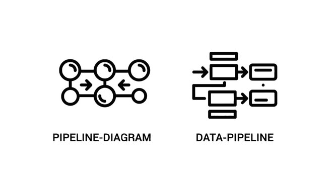 Pipeline diagram and data pipeline icons for data processing and workflow management with pipeline processing workflow management integration automation