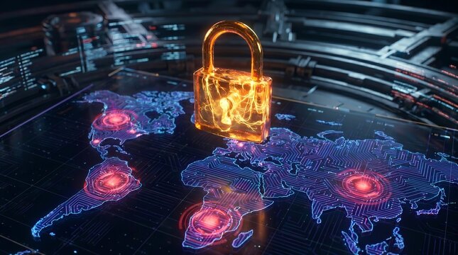Glowing golden padlock hovering over a digital world map representing global cybersecurity and data protection.