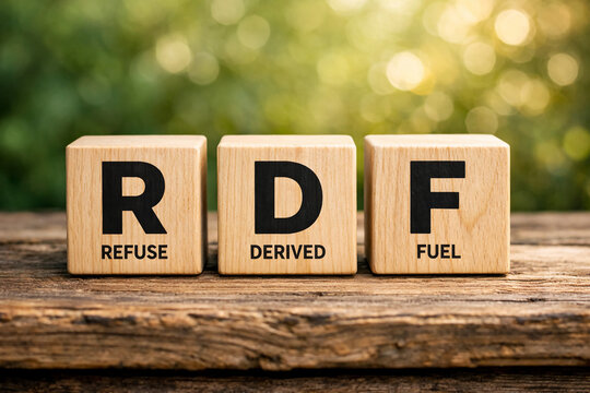 Refuse Derived Fuel blocks positioned neatly on a rustic wooden bench symbolize the conversion of waste into energy, promoting renewable resource management and efficient waste recycling practices.