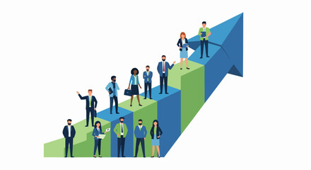 Fototapeta premium Business Growth and Career Success Concept with Diverse Professional Team on Rising Arrow Graph Illustration
